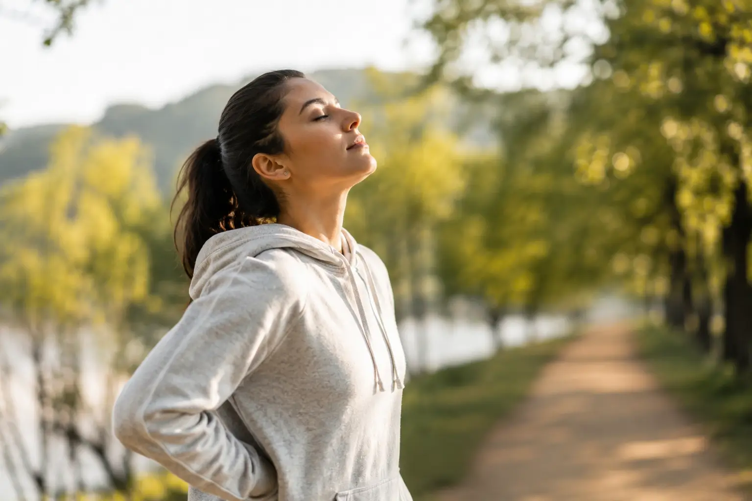Mujer respirando profundamente con la nariz, simbolizando los beneficios de una rinoplastia para mejorar la respiración.