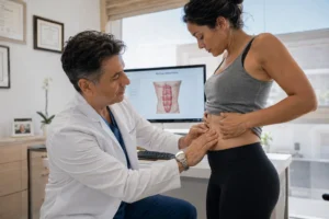 Cirujano plástico examinando el abdomen de una paciente en consulta para evaluar el grado de diástasis de rectos, con una pantalla de fondo que muestra la anatomía muscular.