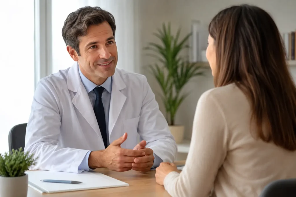 Cirujano plástico y paciente en una consulta médica, discutiendo opciones de reconstrucción mamaria tras una mastectomía.