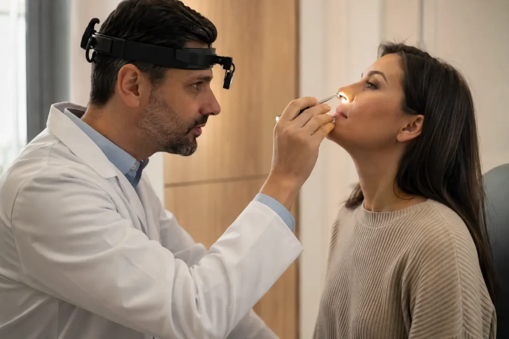 Cirujano plástico Dr. César Casado explicando la rinoplastia funcional que mejora la respiración a una paciente en consulta