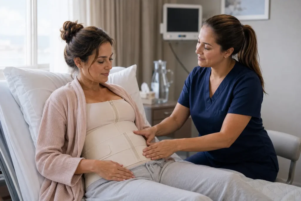 Una enfermera especializada asiste a una paciente en la cama de la clínica, revisando y ajustando la faja de compresión abdominal tras una abdominoplastia.