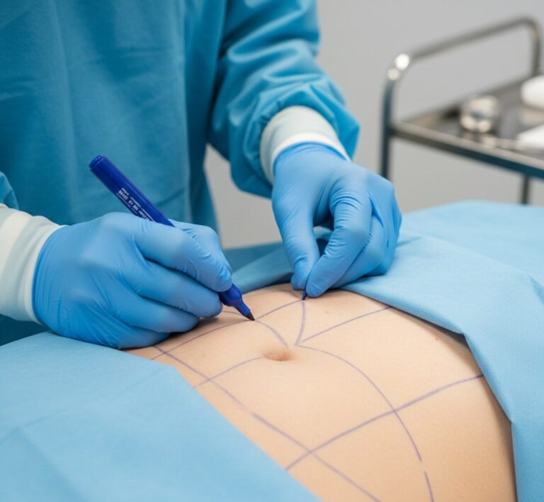 Cirujano realizando el marcaje previo a una cirugía plástica del abdomen.
