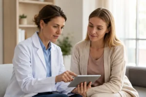 Cirujano plástico explica las opciones de reconstrucción mamaria a una paciente usando una tablet con imágenes médicas.