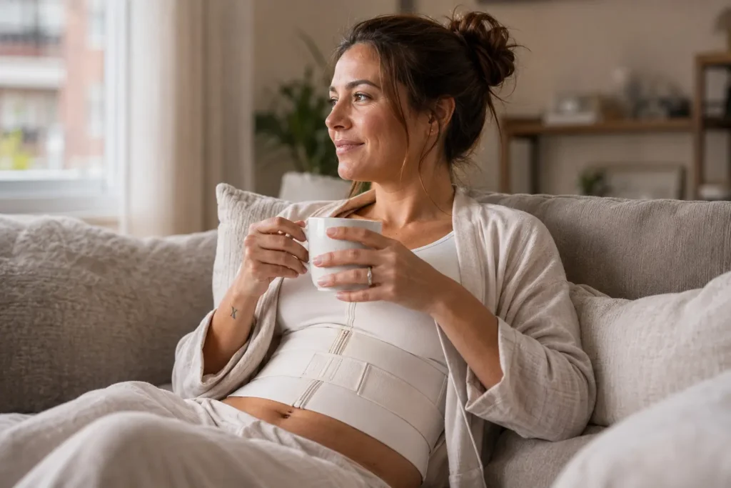 Paciente descansando de forma cómoda en el sofá durante su recuperación en casa, llevando puesta la faja de compresión abdominal tras una cirugía de diástasis de rectos.